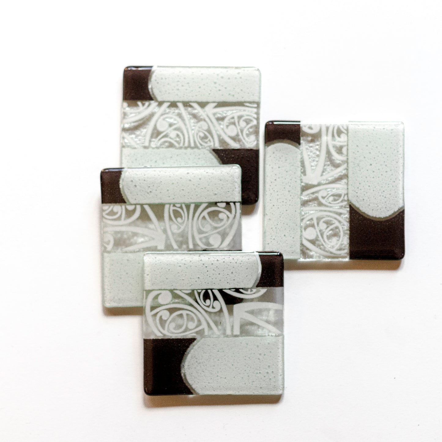 Fused Glass Coaster Set by Maori Boy - Kowhaiwhai Design - brown and white