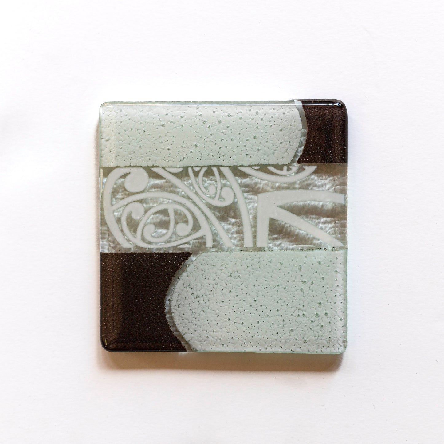 Fused Glass Coaster Set by Maori Boy - Kowhaiwhai Design - brown and white