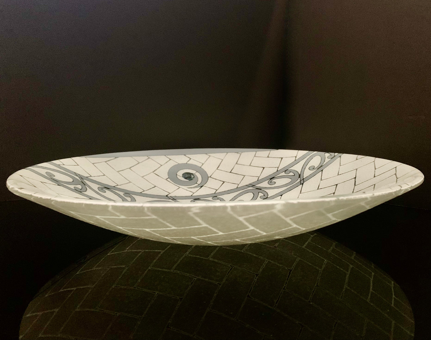 Fused Glass Bowl by Maori Boy - Paua Kete Design (white and grey) 40cm