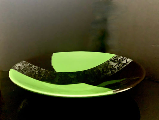 Fused Glass Bowl by Maori Boy - Kowhaiwhai Design (green and black) 40cm