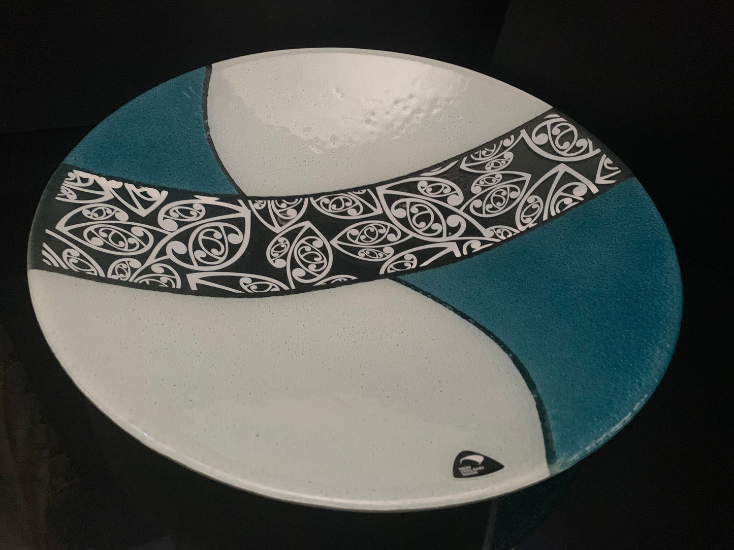 Fused Glass Bowl by Maori Boy - Kowhaiwhai Design (aqua and white) 40cm