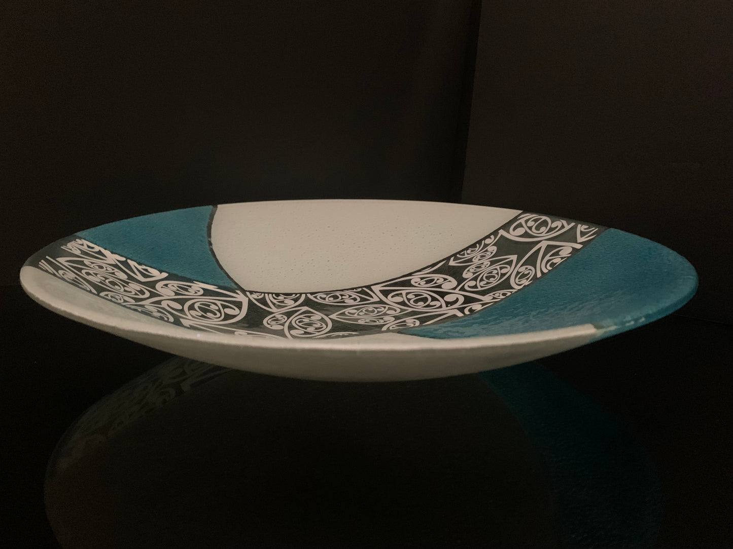 Fused Glass Bowl by Maori Boy - Kowhaiwhai Design (aqua and white) 40cm