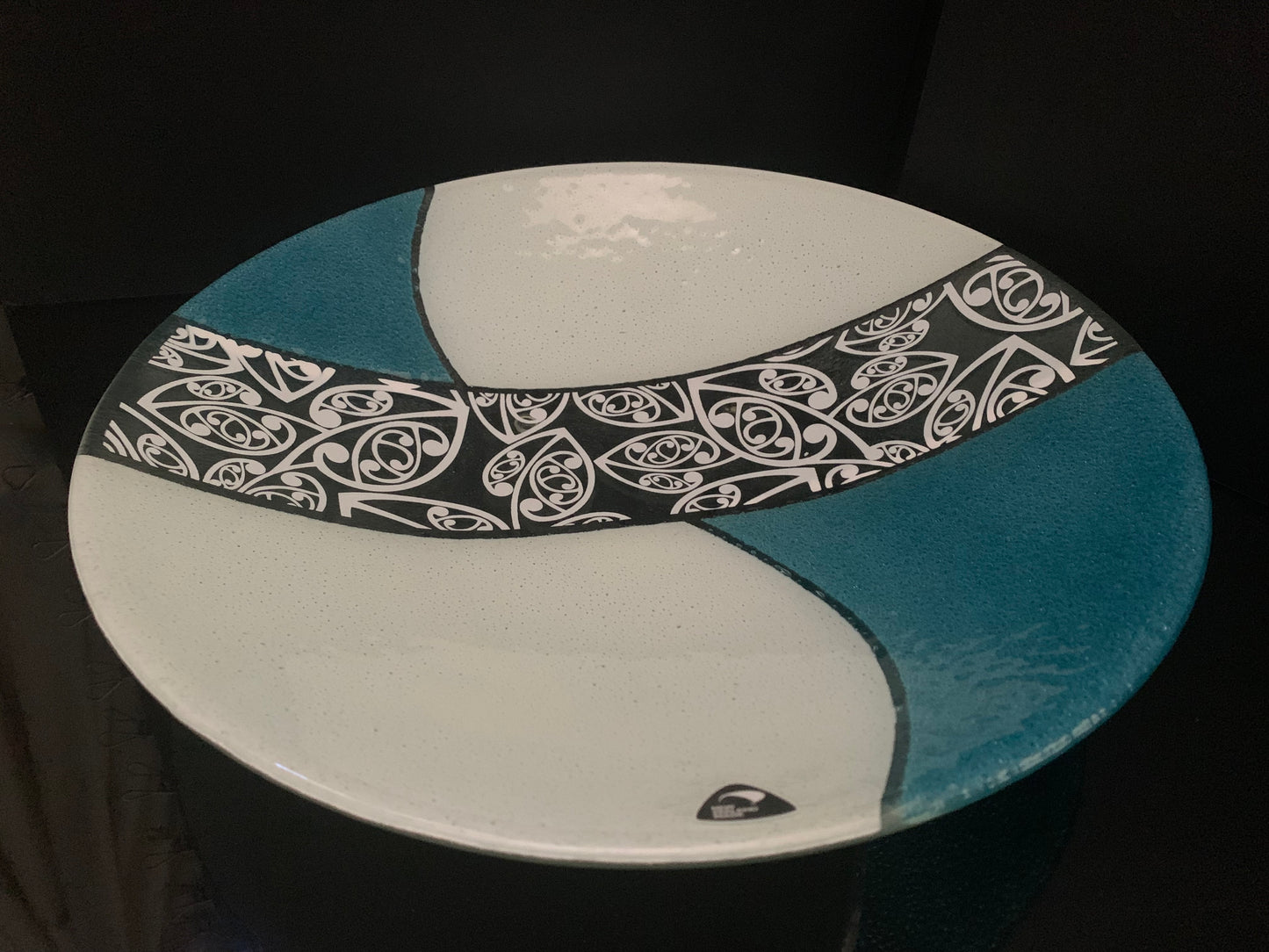 Fused Glass Bowl by Maori Boy - Kowhaiwhai Design (aqua and white) 40cm