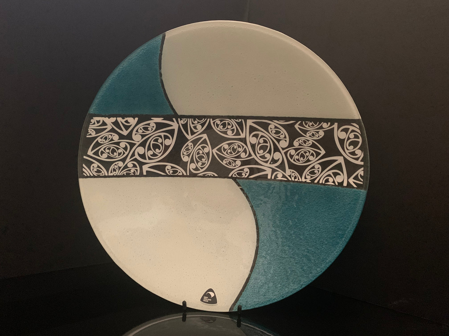 Fused Glass Bowl by Maori Boy - Kowhaiwhai Design (aqua and white) 40cm