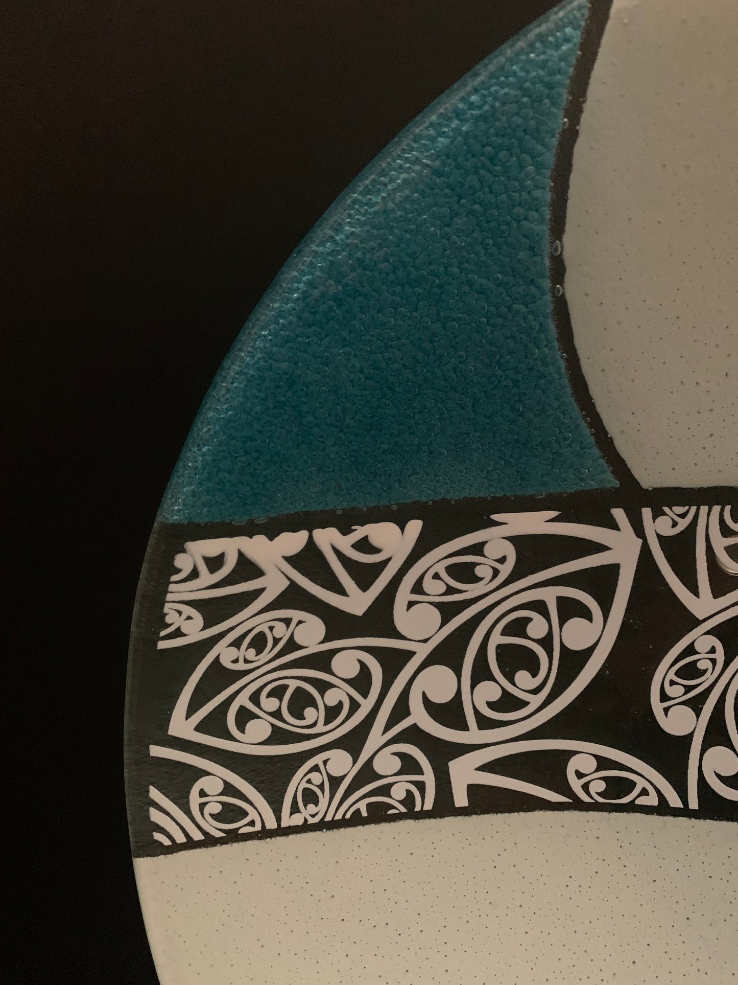 Fused Glass Bowl by Maori Boy - Kowhaiwhai Design (aqua and white) 40cm