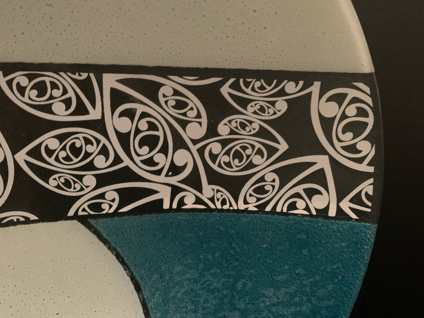 Fused Glass Bowl by Maori Boy - Kowhaiwhai Design (aqua and white) 40cm