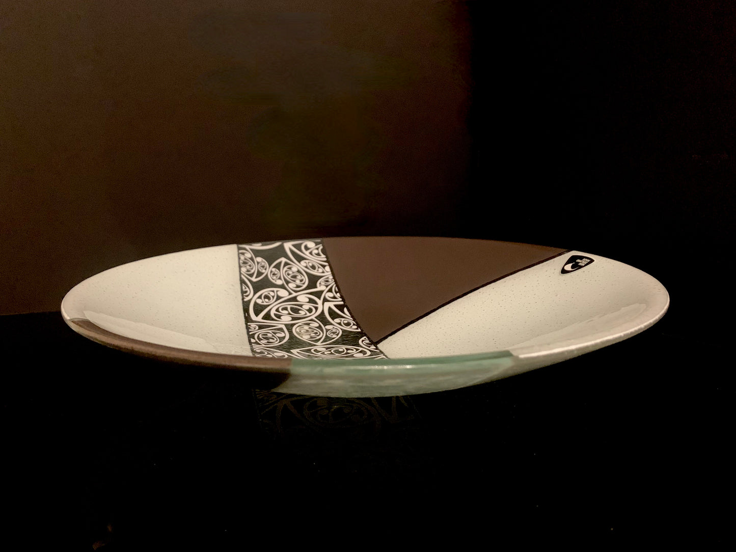 Fused Glass Bowl by Maori Boy - Kowhaiwhai Design (brown and white) 32cm