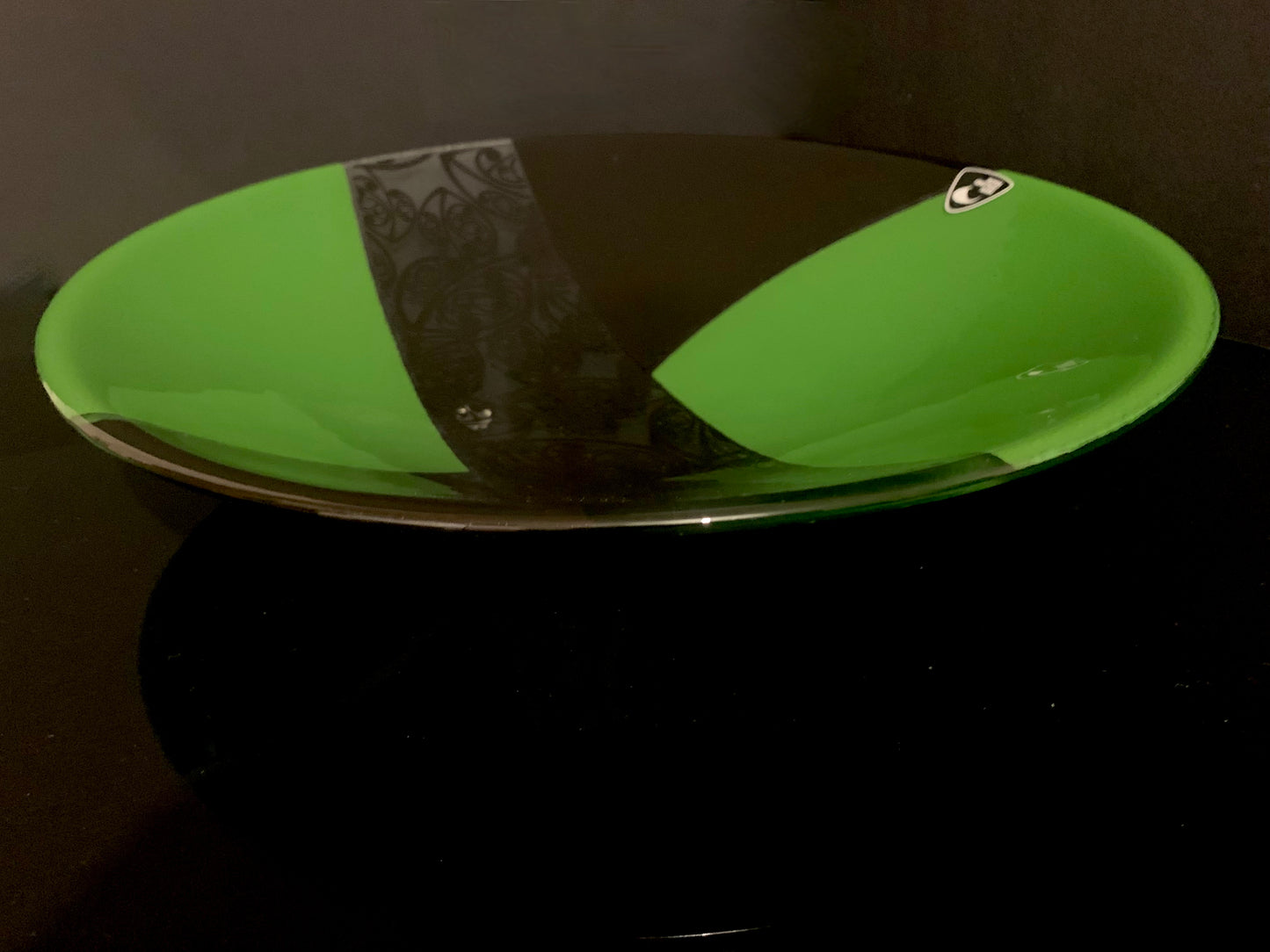 Fused Glass Bowl by Maori Boy - Kowhaiwhai Design (green and black) 32cm