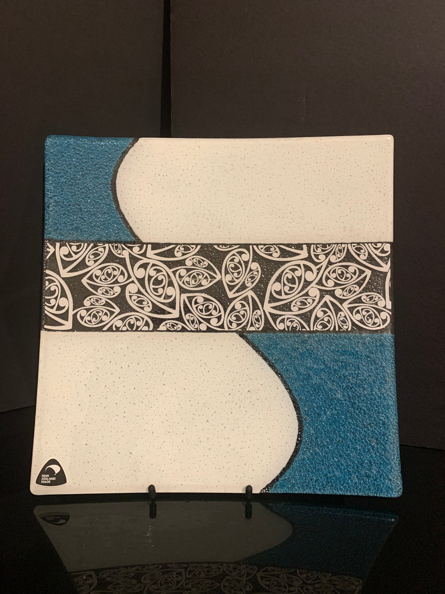 Fused Glass Platter by Maori Boy - Kowhaiwhai Design (Aqua and White) 30cm