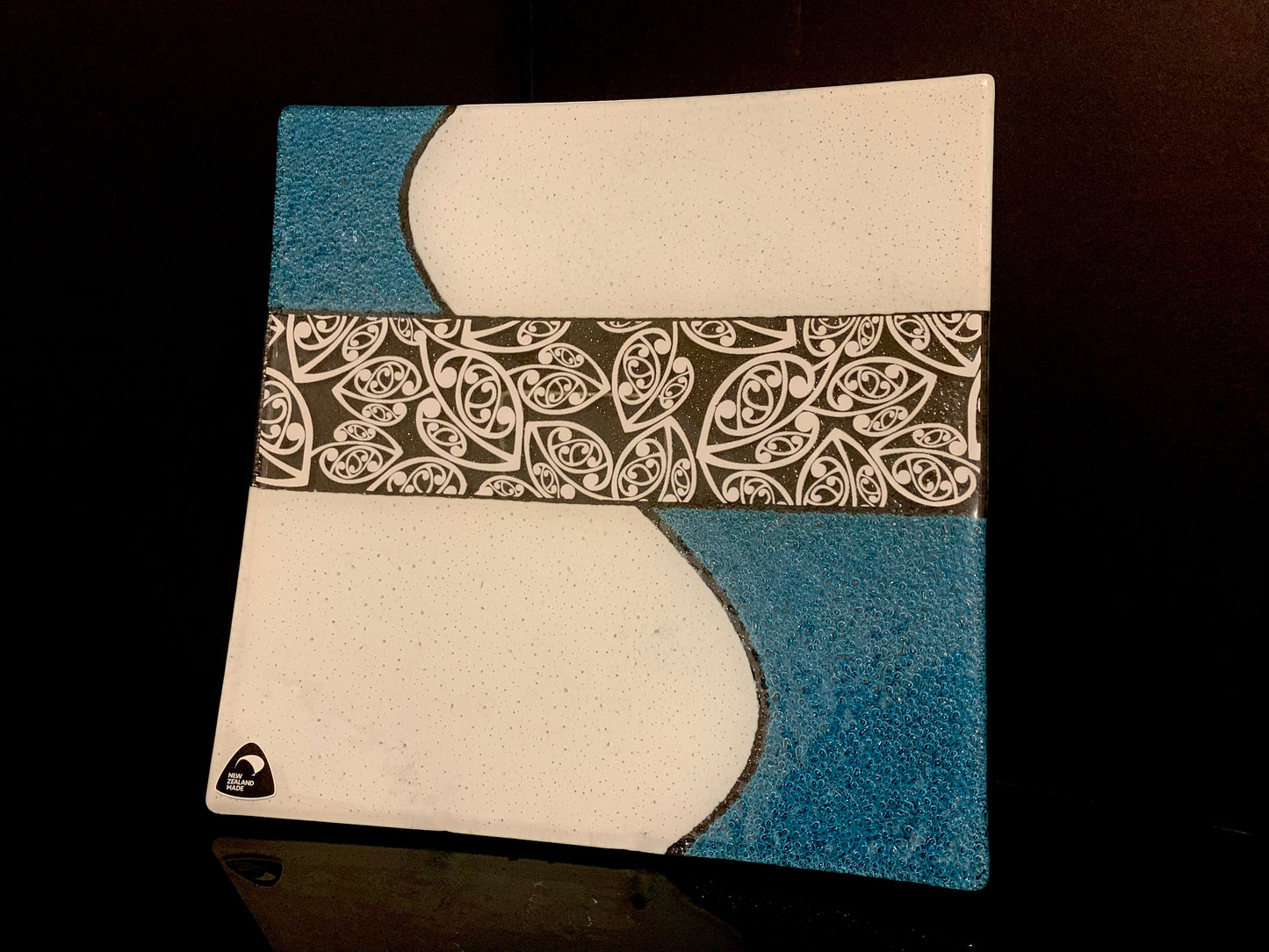 Fused Glass Platter by Maori Boy - Kowhaiwhai Design (Aqua and White) 30cm