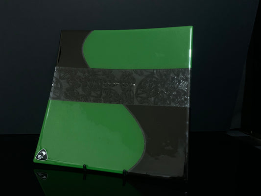 Fused Glass Platter by Maori Boy - Kowhaiwhai Design (Green and Black) 20cm x 20cm