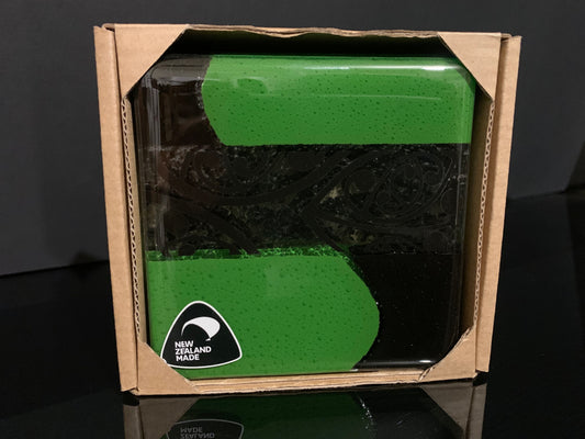 Fused Glass Coaster Set by Maori Boy - Kowhaiwhai Design (green and black)