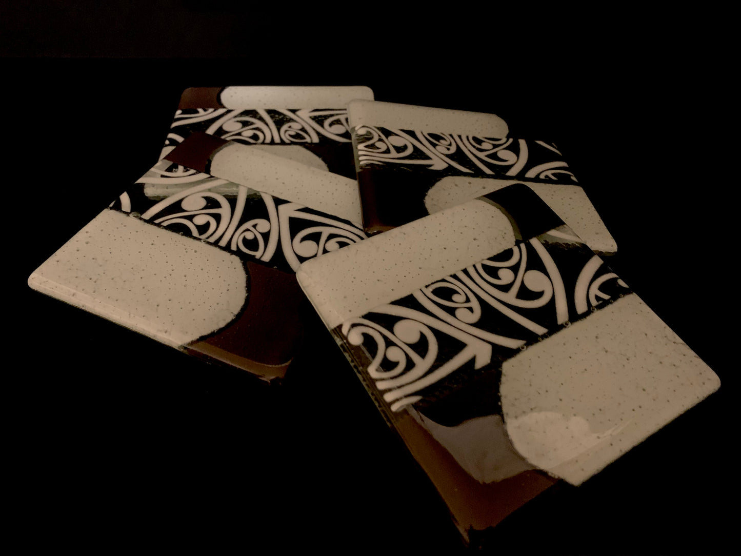 Fused Glass Coaster Set by Maori Boy - Kowhaiwhai Design - brown and white