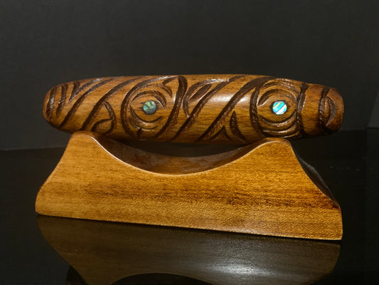 Carved Koauau (flute) with stand - by Wood Masters