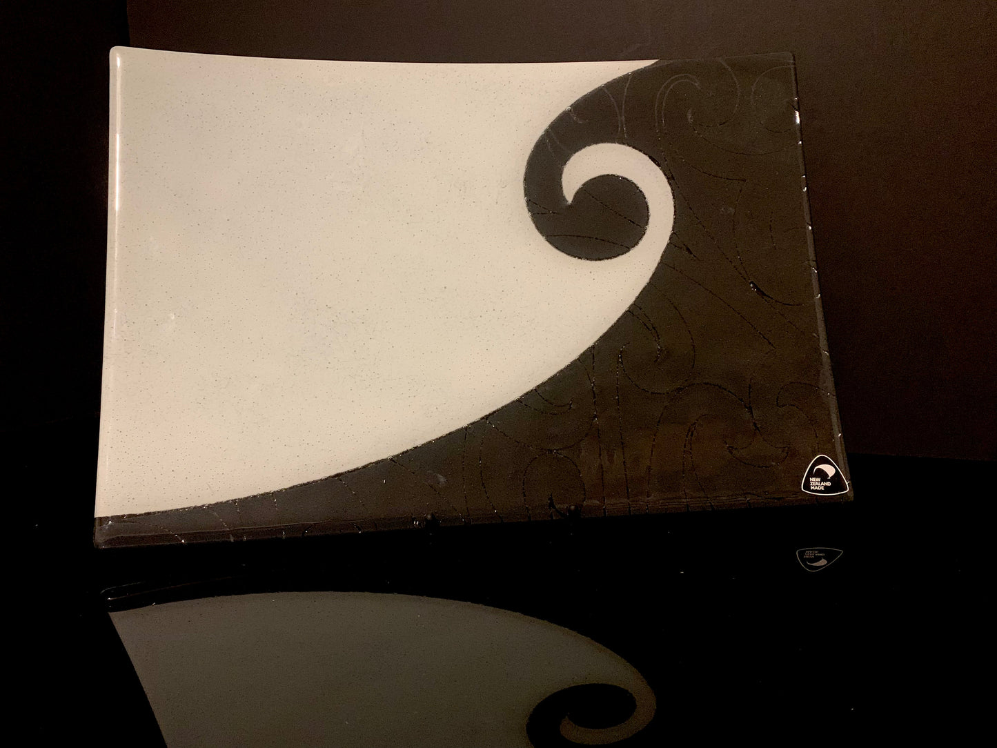 Fused Glass Platter by Maori Boy - Koru Furl Design (white and graphite) 40 x 27cm