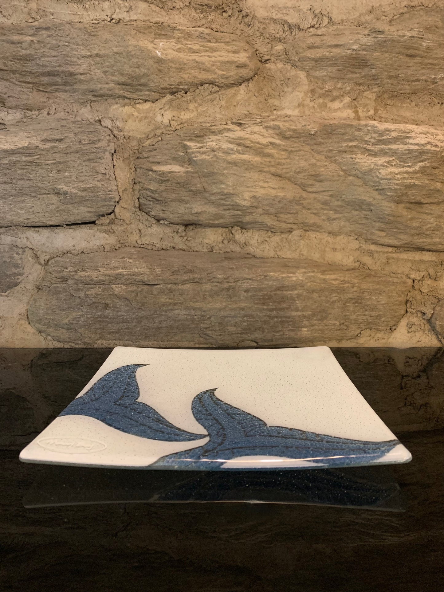Fused Glass Platter by Maori Boy - Whale Tail Design 20cm (white and light blue)