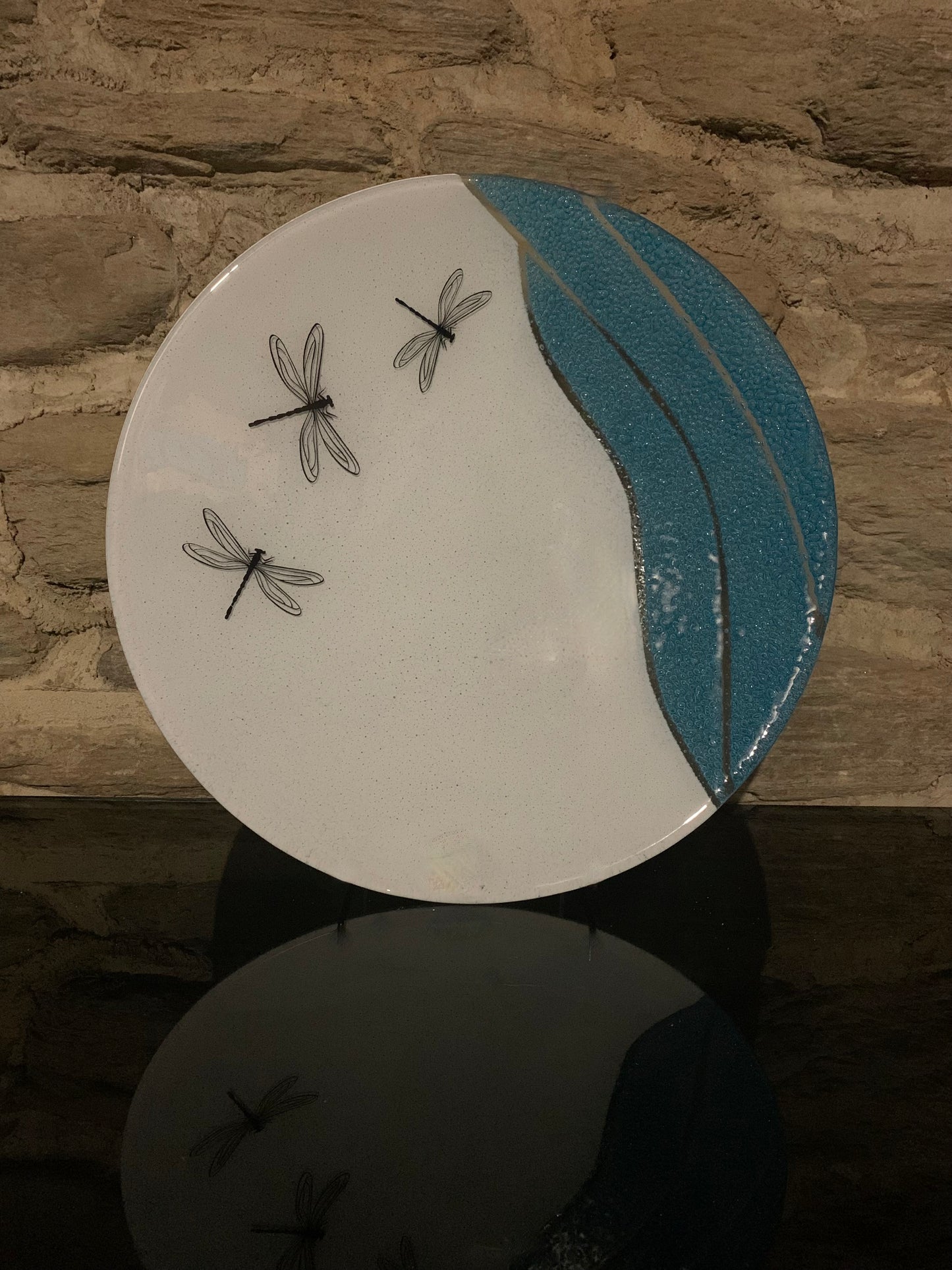 Fused Glass Bowl by Maori Boy - Kapowai (dragonfly) Design (white and aqua) 32cm