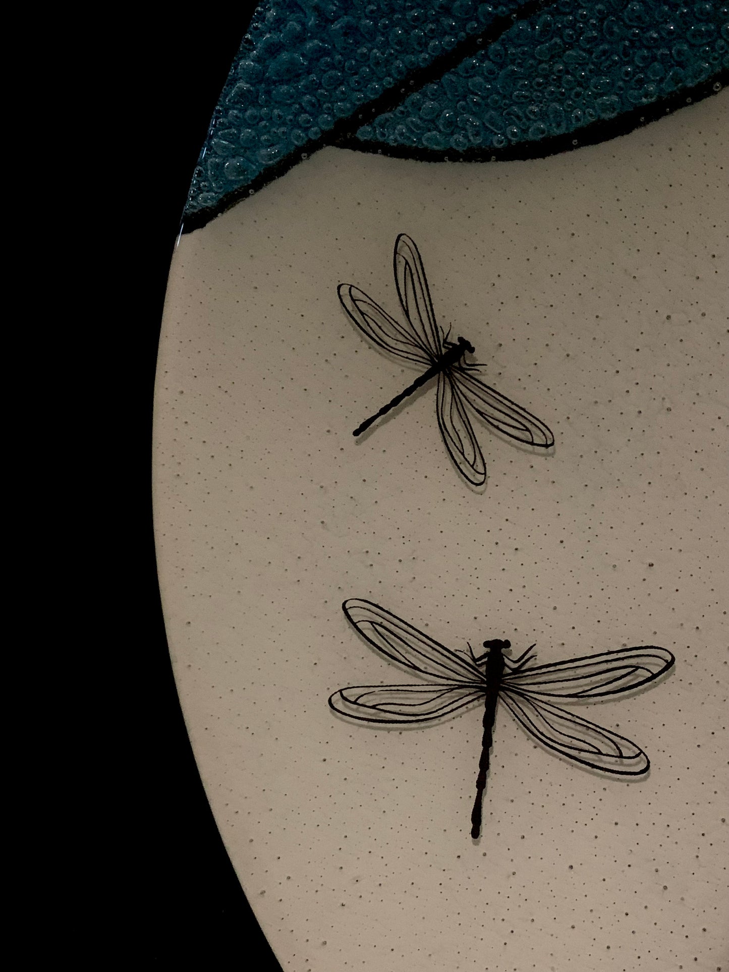 Fused Glass Bowl by Maori Boy - Kapowai (dragonfly) Design (white and aqua) 32cm