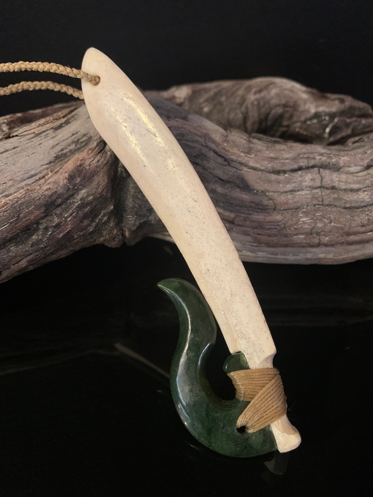 Large Whalebone and Pounamu Hei Matau Pendant by Alex Sands
