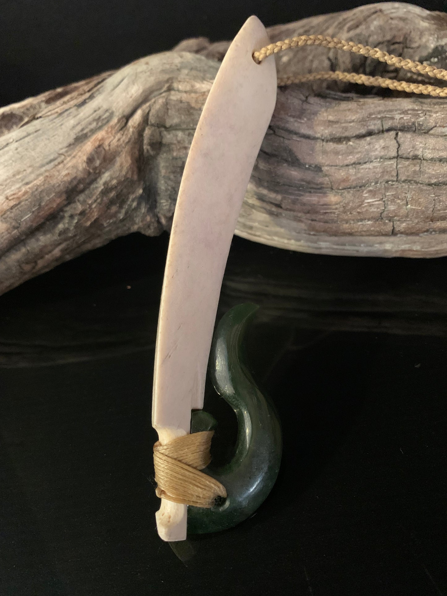 Large Whalebone and Pounamu Hei Matau Pendant by Alex Sands