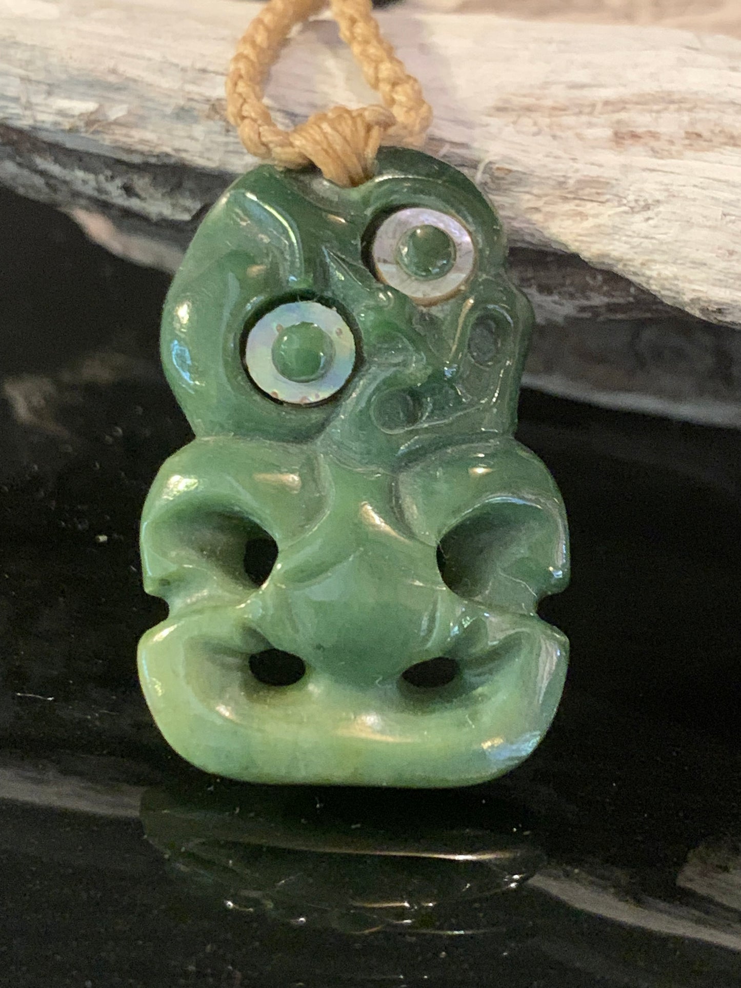 Pounamu Hei Tiki 40mm - tan plaited cord