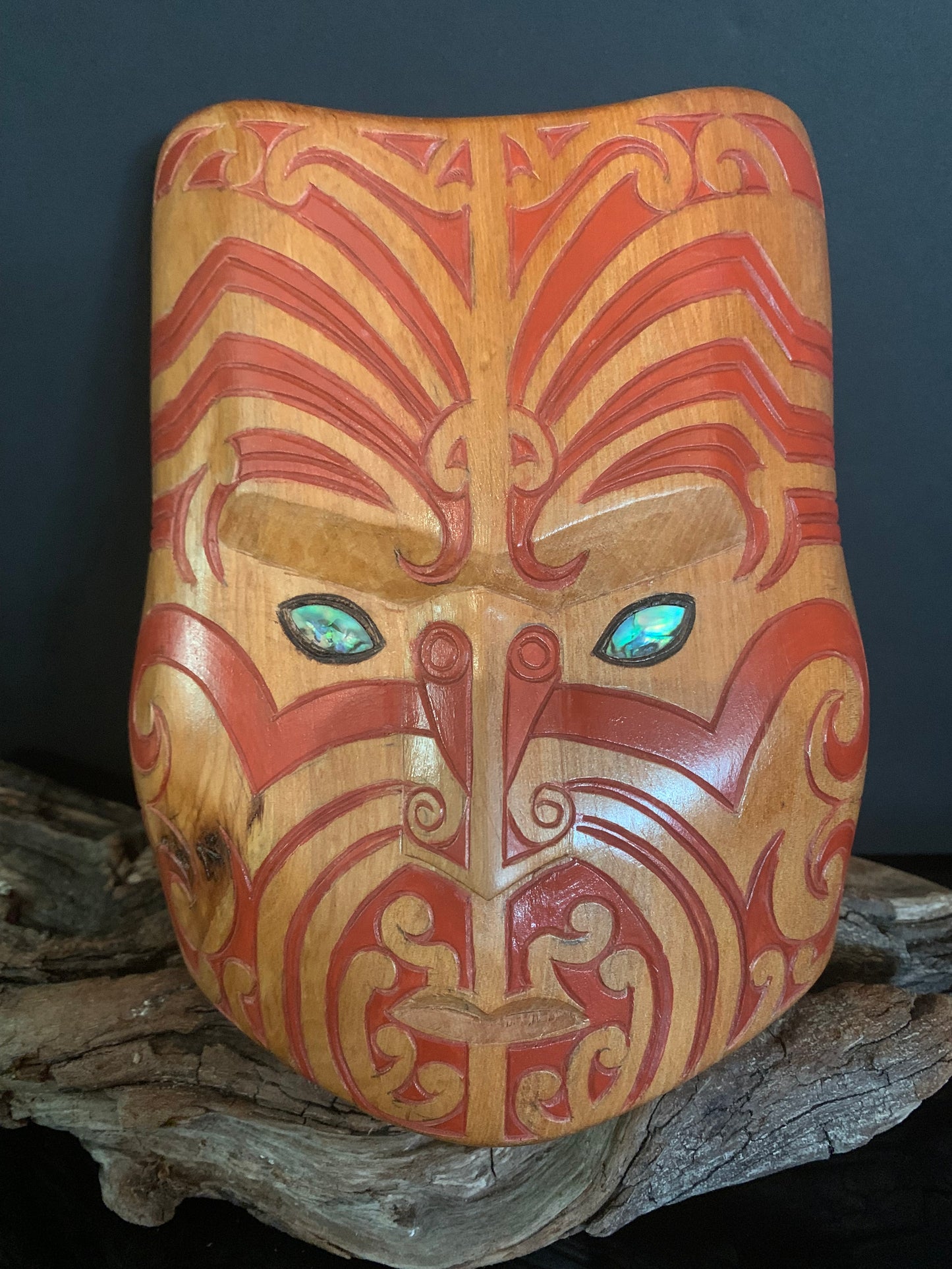 Hand Carved Upoko Mask 17cm by Thomas Hansen (red moko)