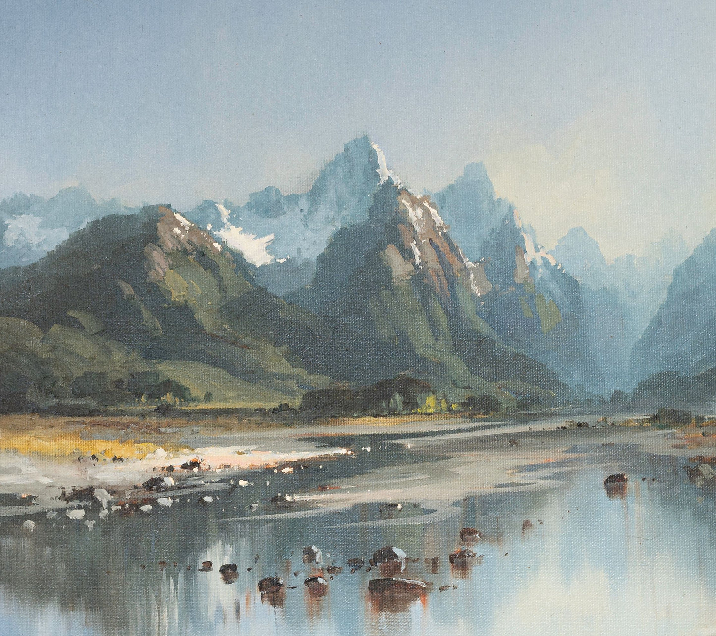 Partial detail of Oil Painting by renowned artist Neil J Bartlett of Dart Valley Glenorchy New Zealand Silver Fern Gallery