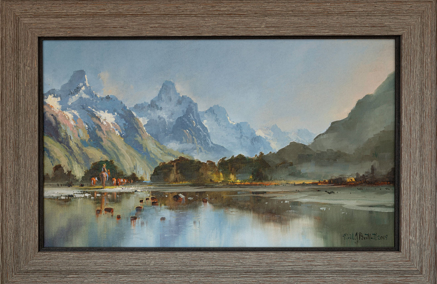 Framed Oil Painting by Neil J Bartlett Morning Cattle Drive Dart Valley Glenorchy Silver Fern Gallery