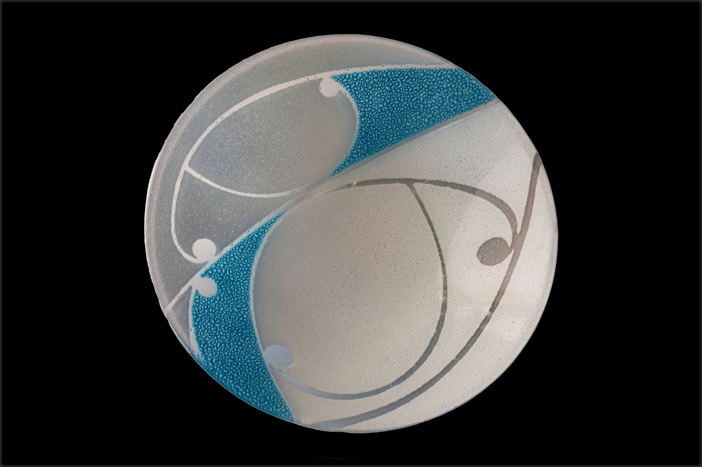 View from above of Fused Glass Bowl by Maori Boy Kawakawa Design aqua and white Silver Fern Gallery