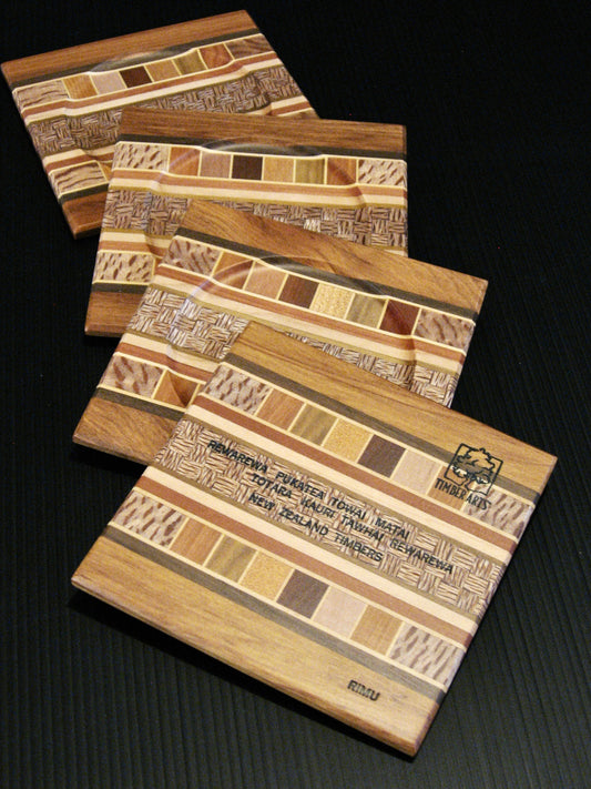 Back of Set of Four Coasters showing many NZ Native Timbers with rimu wood border by Timber Arts Silver Fern Gallery