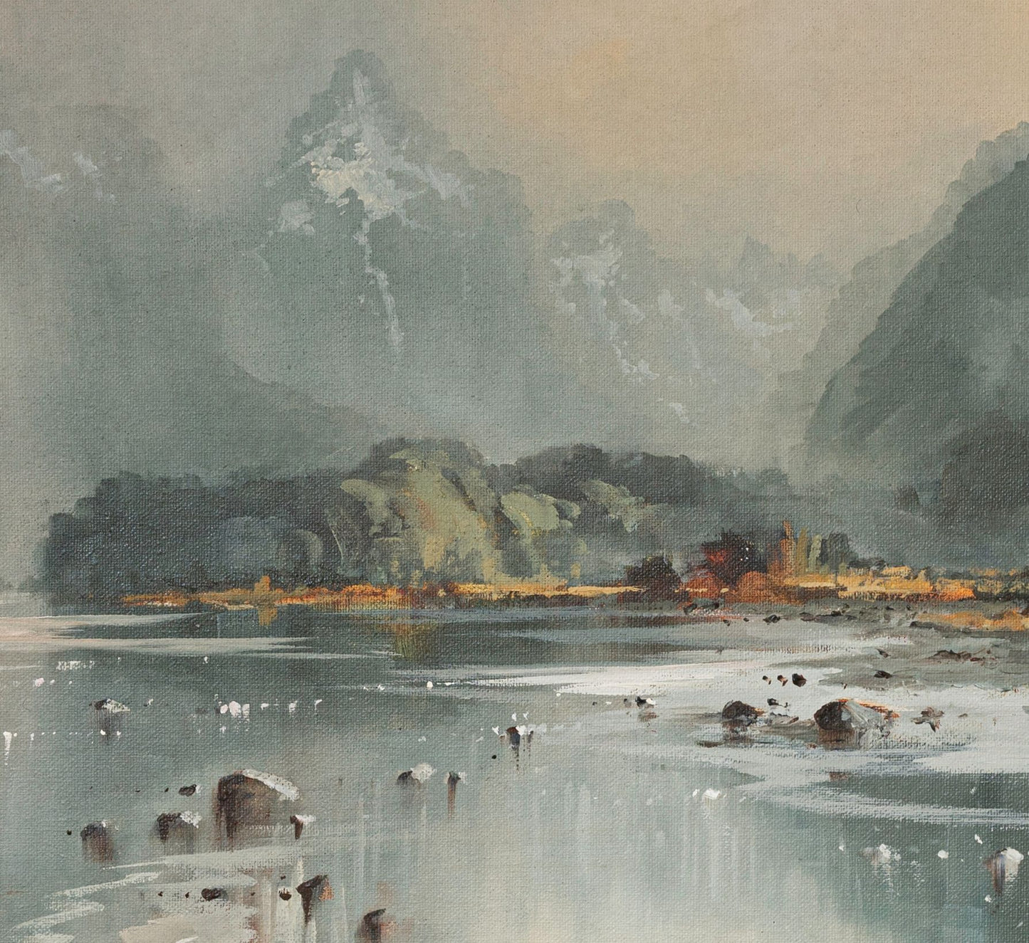 artial detail of Framed Oil Painting by renowned landscape artist Neil J Bartlett Dart Valley Glenorchy NZ Silver Fern Gallery