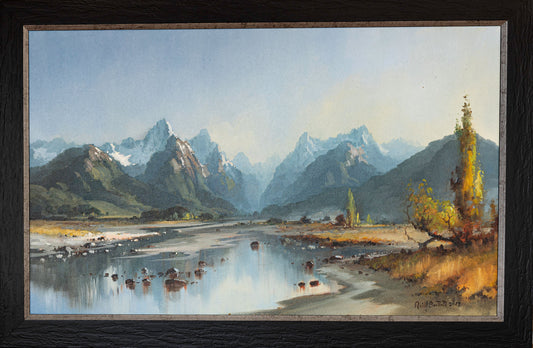 Framed Oil Painting by renowned artist Neil J Bartlett of Dart Valley Glenorchy New Zealand Silver Fern Gallery