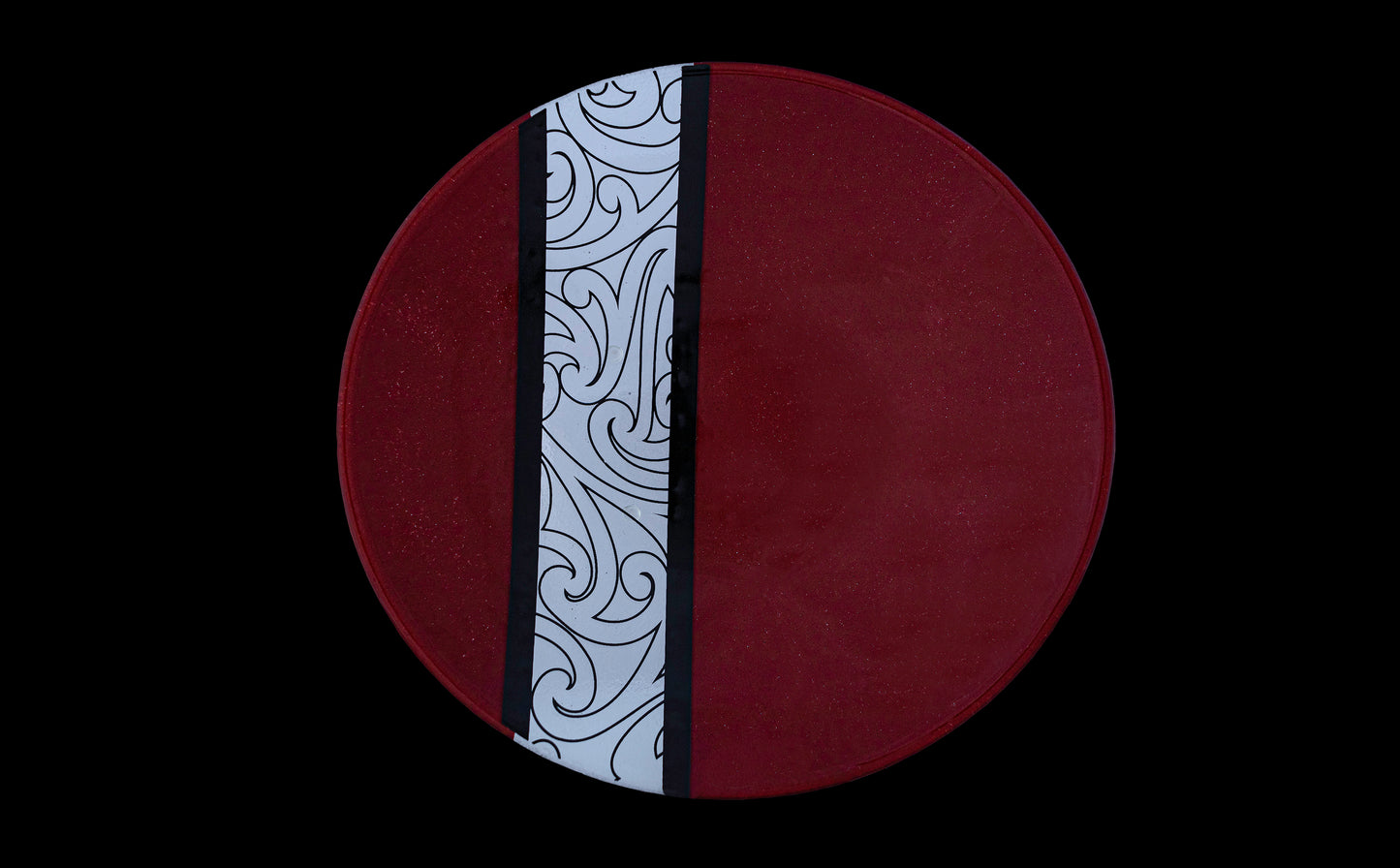 Top view of Fused Glass Bowl by Maori Boy - Rongo Design (red and black) Silver Fern Gallery