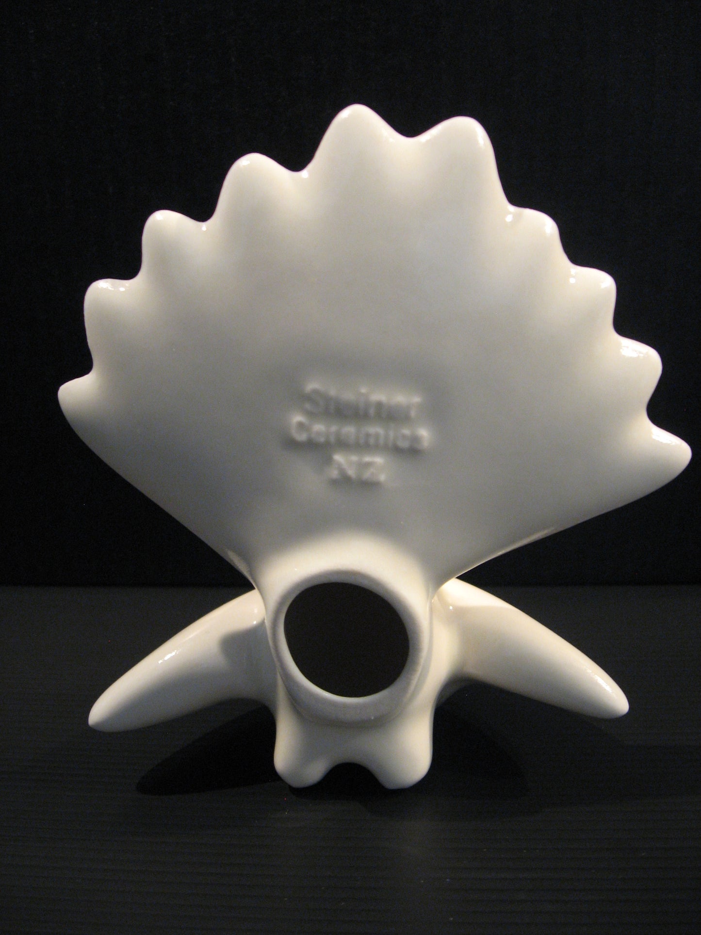 Back view of Ceramic Piwakawaka (Fantail) by Bob Steiner (white) Silver Fern Gallery