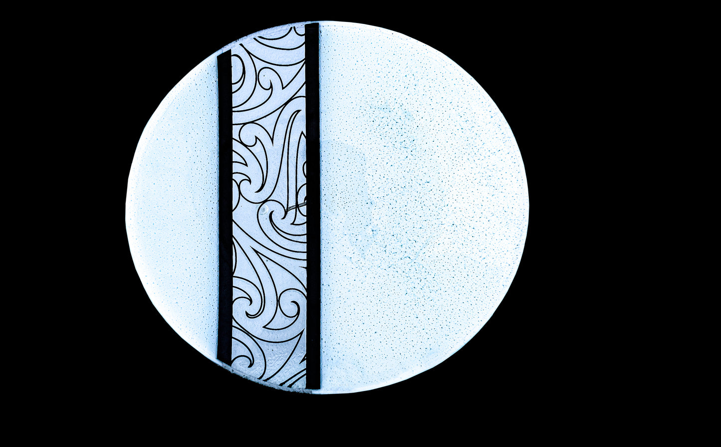 Top view of Fused Glass Bowl by Maori Boy - Rongo Design (white and black) Silver Fern Gallery
