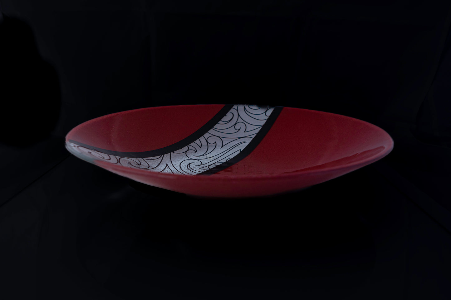 Fused Glass Bowl Maori Boy Glass Rongo Design (red and black) Silver Fern Gallery