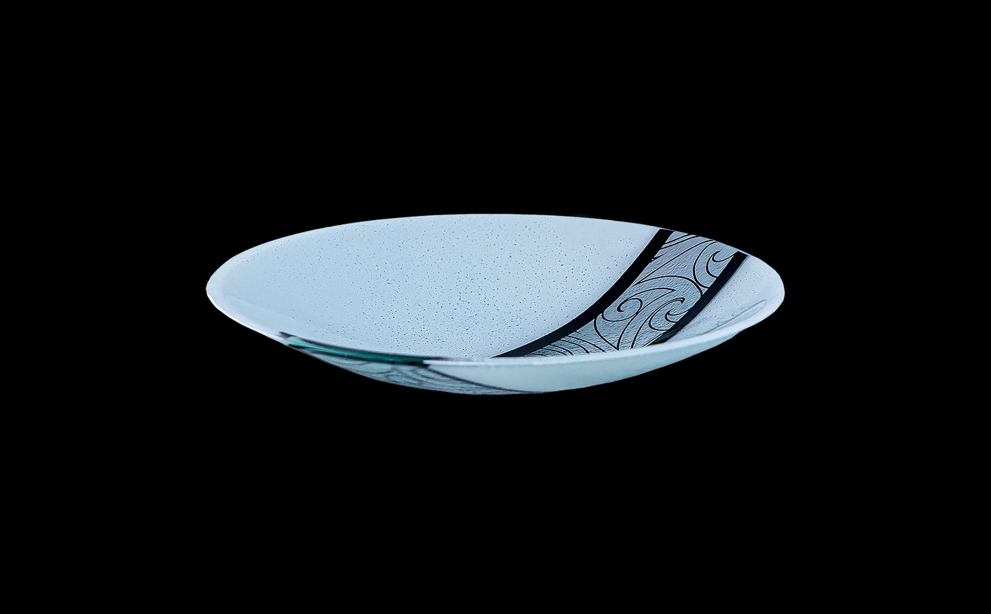 Fused Glass Bowl by Maori Boy - Rongo Design (white and black) Silver Fern Gallery