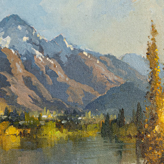 Partial detail of Framed Oil Painting by renowned landscape artist Neil J Bartlett of Autumn at Lake Hayes near Queenstown NZ Silver Fern Gallery
