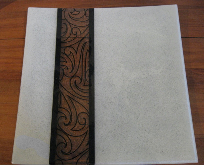 Fused Glass Platter by Maori Boy - Rongo Design 30cm (white and black)