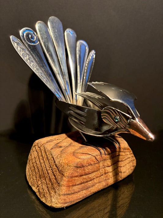 Cutlery Piwakawaka (Fantail) on Wood by Nathan Hull no.6