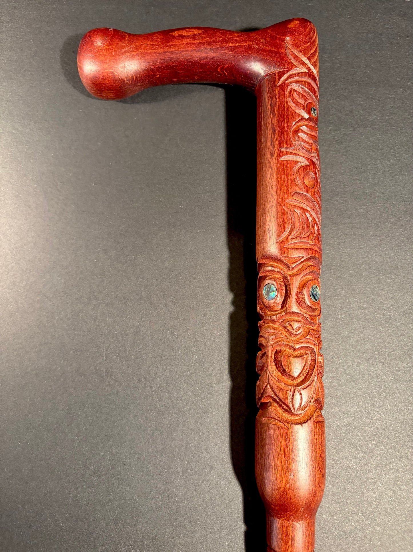 Carved Rakau (walking stick with handle) - by Wood Masters