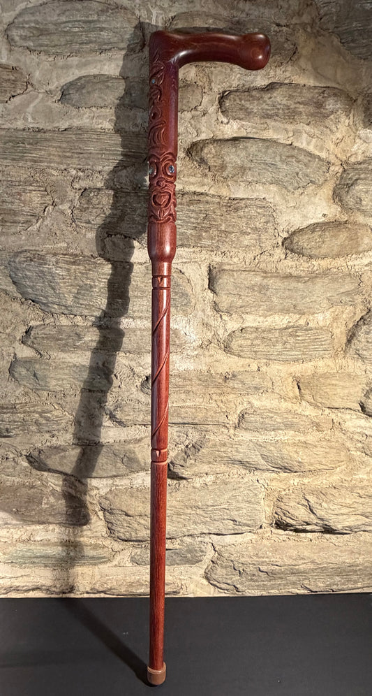 Carved Rakau (walking stick with handle) - by Wood Masters