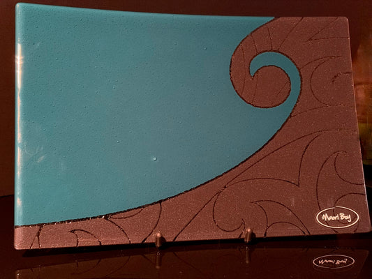 Fused Glass Platter by Maori Boy - Koru Furl Design (teal and black) 30 x 20cm