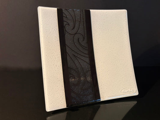 Fused Glass Platter by Maori Boy - Rongo Design 20cm (white and black)