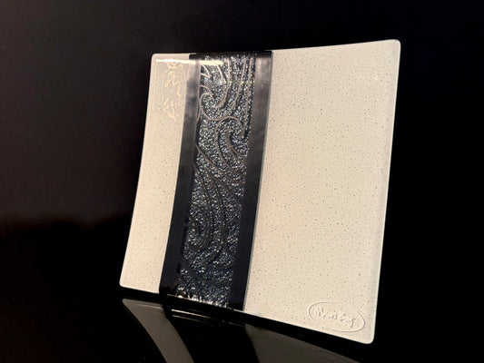 Fused Glass Platter by Maori Boy - Rongo Design 20cm (white and black)