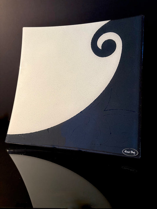 Fused Glass Platter 40 x40cm by Maori Boy - Koru Furl Design (white and blue)