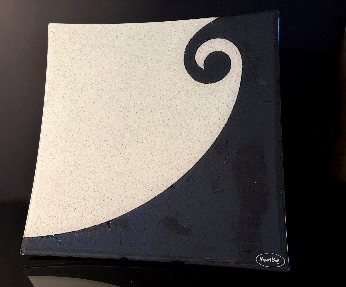 Fused Glass Platter 40 x40cm by Maori Boy - Koru Furl Design (white and blue)