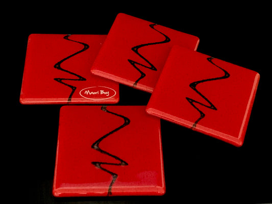 Fused Glass Coaster Set by Maori Boy - Awa (River) Design (red)