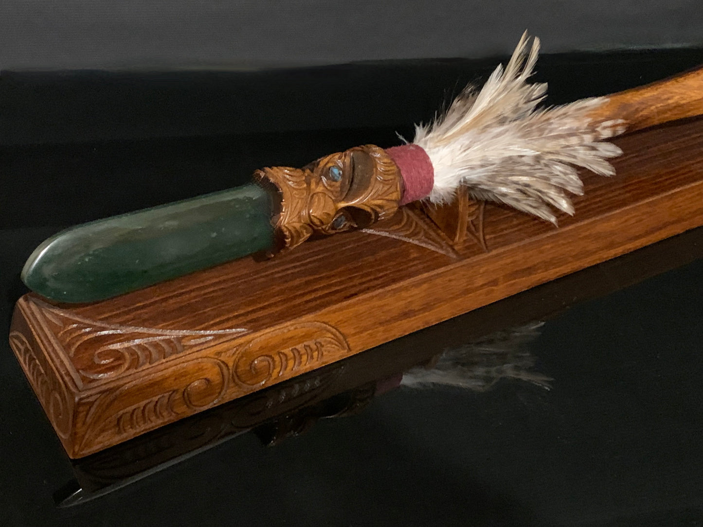 Carved Taiaha with Jade Tongue on stand - 78cm by Wood Masters