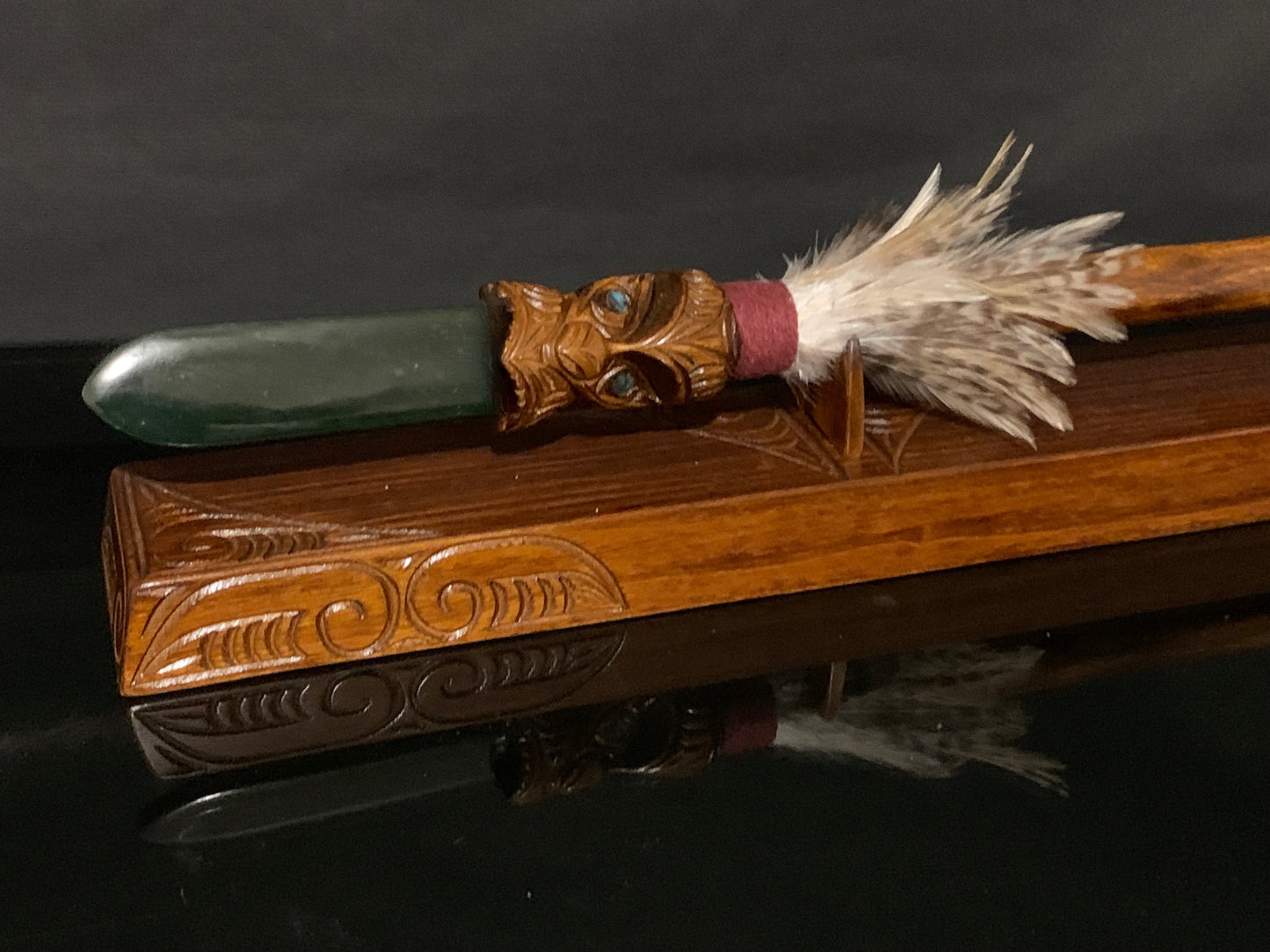 Carved Taiaha with Jade Tongue on stand - 78cm by Wood Masters